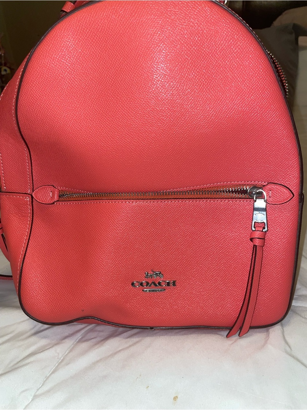 Coach Coral-Red Leather Zip Front Backpack